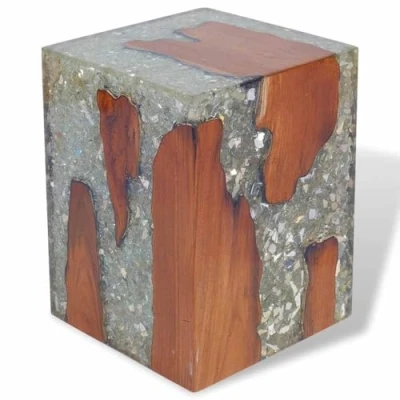 Image of vidaXL Multicoloured Stool Artisanal Handcrafted Solid Teak Wood with Resin and Crushed Glass Versatile Use as Footrest, Side Table or Extra Seating