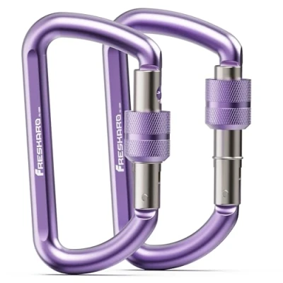 Image of FresKaro 3inch Locking Carabiner Clips Heavy Duty, Strong 12kN Screw gate Aluminum Carabina, Karabiner Hooks, Rust free, Lightweight, for Dog Lead, Hammocks, Swing, Camping, Key, D Shaped, Purple 2pcs
