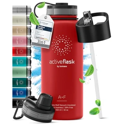 Image of Stainless Steel Water Bottle with Straw &amp; 3 Lids: 1 0,5L Leak Proof BPA Free Vacuum Insulated ACTIVE FLASK Drinking Bottles Hot Cold: Double Walled Outdoor Drink Thermo Mug Tea Coffee Sport Gym Bike