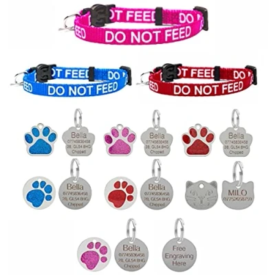 Image of Cat Collar DO NOT Feed in Red, Pink Or Blue, Safety Release &amp; Optional Engraved ID Tag (Blue, Round Glitter Tag)