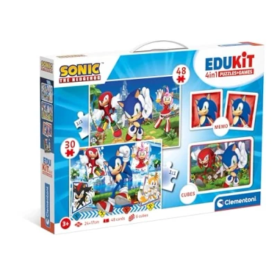 Image of Clementoni Educational Game Edukit 4 In 1 Sonic (Jigsaw Children Puzzle 30 Pieces and 48 Pieces, 6 Cubes, Memo), For 3 5 Years, Gift Boy/Girl, Cartoon, Made Italy, 18318