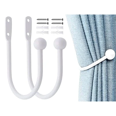Image of Hitopin 2PCS Metal Curtain Holdback Hooks Decorative Drapery Holdbacks Round Head U Style Wall Mounted Tie Backs Hooks, for Fixed (White)