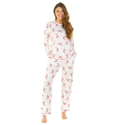 Image of Undercover Ladies &#039;Festive Prints&#039; Long Sleeve Pyjamas 57207 Ivory Reindeers Small