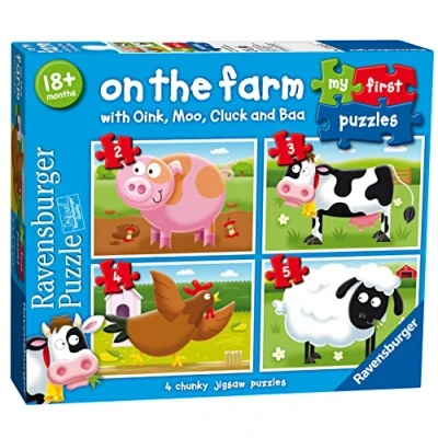 Image of Ravensburger On The Farm, My First Jigsaw Puzzles (2, 3, 4 &amp; 5 Piece) Educational Toys for Kids Age 18 Months and Up Gifts Toddlers, White