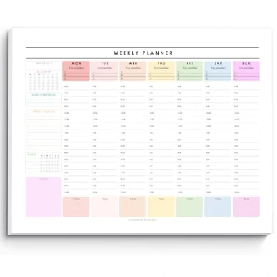 Image of Weekly Hourly Planner Notepad, Daily Desk Pad, Schedule, To Do List Note ADHD 50 Undated Tear Away Sheets A4 (Rainbow)