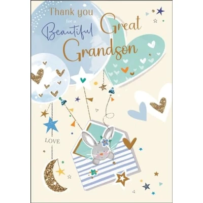 Image of New Baby Great Grandson Thank You Card Rabbit and Balloons Special Finishes Illustrated Insert Leaf Made in the UK