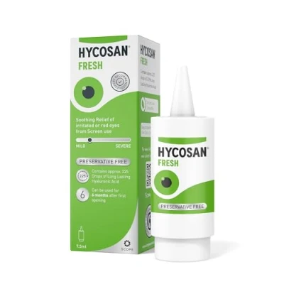 Image of Hycosan Fresh Eye Drops with Hyaluronic Acid for Soothing Relief of Mild Dry Eyes and Irritated or Red from Screen Use Preservative Free 225 Measured