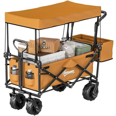 Image of Outsunny Folding Trolley Cart Storage Wagon Beach Trailer 4 Wheels with Handle Overhead Canopy Push Pull For Shopping Camping, Orange