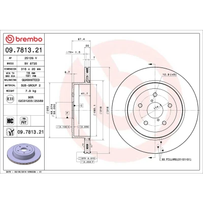 Image of 26700FE050 Brake DISC BREMBO Coated LINE 09.7813.21 316mm 20mm 5 internally vented High carbon SUBARU: Impreza III Saloon