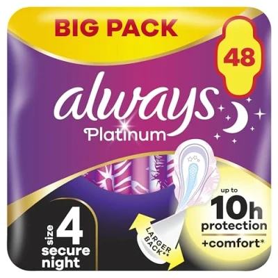 Image of Always Platinum Secure Night (Size 4) Sanitary Towels with Wings 12 Pads x 4