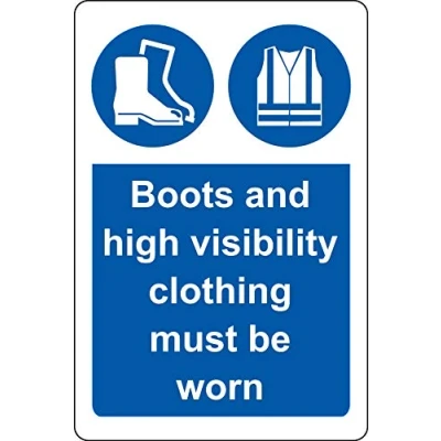 Image of Boots and high visibility clothing must be worn Construction safety sign 1.2mm Rigid plastic 200mm x 150mm