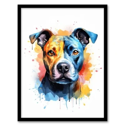 Image of Artery8 Staffordshire Bull Terrier Staffy Lovers Gift Watercolour Pet Portrait Painting Artwork Art Print Framed Poster Wall Decor 12x16 inch