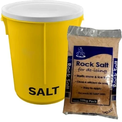Image of KetoPlastics 25L Yellow Grit Salt Bin 43cm with Lid and 10kg Brown De icing for Driveway, Path Patio