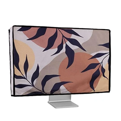 Image of kwmobile Dust Cover for 27 28&quot; Monitor Linen Protector with Design Leaves and Pattern Black/Brown/White