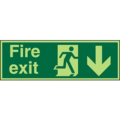 Image of Seco Fire Exit Exit, Man Running Right, Arrow Pointing Down Sign, 300mm x 100mm Photoluminescent 2mm Acrylic