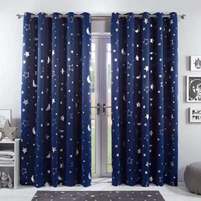 Image of Dreamscene Galaxy Star Thermal Blackout Curtains PAIR of Eyelet Ring Top Panels Kids Boys Metallic Moon Navy Blue, Width 66&quot; x Drop 90&quot;