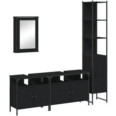Image of vidaXL 4 Piece Bathroom Furniture Set Black Engineered Wood, Comprising High Cabinet, Medium Under Basin Mirror Spacious Storage Solution