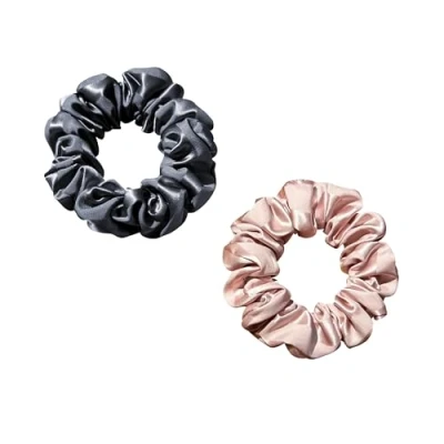 Image of townssilk Silk Hair ties Bobbles scrunchies band 100% Pure Mulberry 22 Momme Friendly Luxury Elastic Striped 2pc darkgrey and Pink