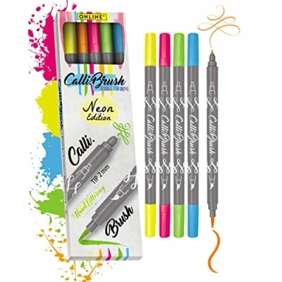 Image of Online Calli.Brush Handlettering brush pens NEON Set of 5 Calligraphy for Bullet Journal, Lettering tip &amp; Water colours Aquarell
