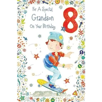 Image of Paper Rose Special Grandson 8th Birthday Card Age 8 Boy on Skateboard with Foil Details Eco Friendly and Recyclable