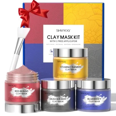 Image of 4 Pcs Clay Mask Set, Vitamin C Turmeric Mask, Dead Sea Mud Blueberry &amp; Red Beans Face Masks Skincare for Deep Cleansing, Refining Pores, Moisturizing 320g