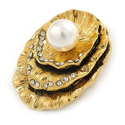 Image of Avalaya Vintage Inspired Textured, Crystal Shell with Pearl Brooch in Antique Gold Metal 50mm L