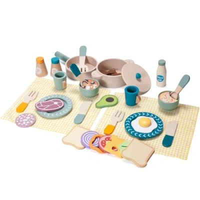 Image of Donmills 39pcs Pretend Play Kitchen Accessories Kids Cooking Set, Wooden Toy Pots and Pans Sets for Toddlers, Montessori Toys Food Cookware Playset Gift Girls Boys