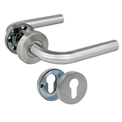 Image of Amig Set of Handles with Rosette for Doors Mod. 4RBX 135 x Ø19 mm Square 8 Elegant and Simple Design Matte Silver Stainless Steel