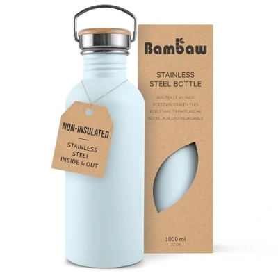 Image of Bambaw Stainless Steel Water Bottle 1l, Light Blue Bottle, Non Insulated Metal BPA Free Leakproof Reusable Ice
