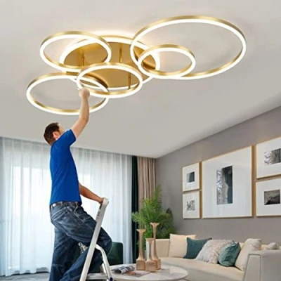 Image of Led Ceiling Light Modern Living Room Lamp Golden Creative Ring Design Acrylic Indoor Lighting Dome Bedroom Dining Kitchen Dimmable Decorative Chandelier with Remote Control
