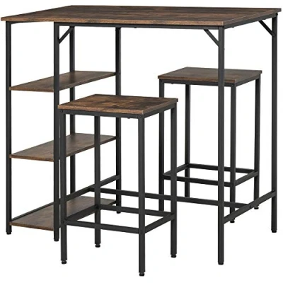 Image of HOMCOM Industrial Bar Height Dining Table Set With 2 Stools &amp; Side Shelf, 3 Pieces Coffee for Room, Kitchen, Dinette