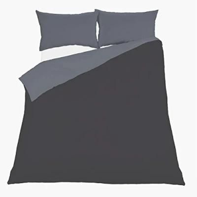 Image of Brentfords Plain Dye Duvet Cover with Pillowcase Non Iron Reversible Bedding Set Black Grey Double