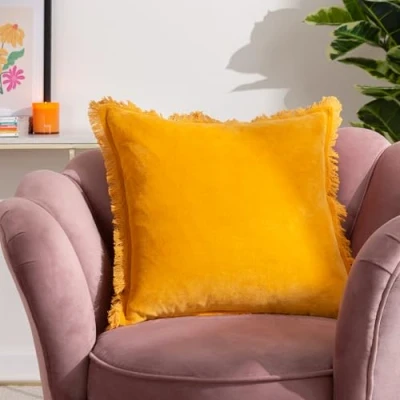 Image of furn. Gracie Velvet Fringed Cushion Yellow Cotton One Size