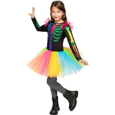 Image of Funidelia Colourful Skeleton Costumes for girl Skeleton, Skull, Grim Reaper, Horror Costume kids accessory fancy dress &amp; props Halloween, carnival parties Size 10 12 years Black