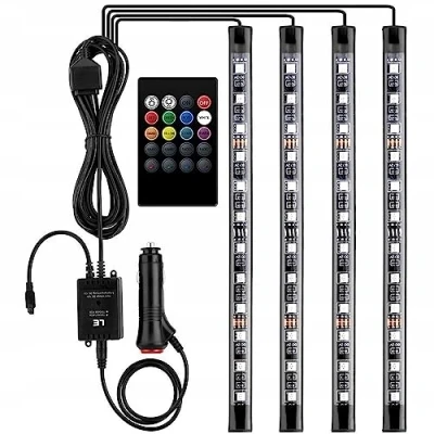 Image of Retoo 12 V LED Car Interior Lighting with 4 x 48 RGB, 3 m Multi Coloured Strips, Controllable Light Strip Remote Control, Waterproof for Cigarette Lighter,