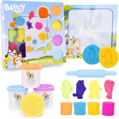 Image of Toyland® 10 Piece Bluey Dough Activity Set 4 Dough, 1 Roller, Stamps &amp; Wipeable Play Screen Arts Crafts Toys