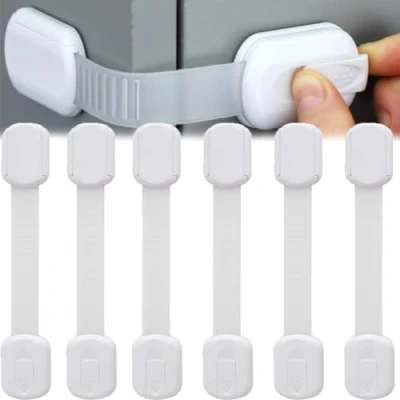 Image of 6 Pack Adjustable Safety Cupboard Locks for Kitchen Cupboards Cabinet Fridge Drawer Refrigerator Toilet Easy Install No Tools Needed White
