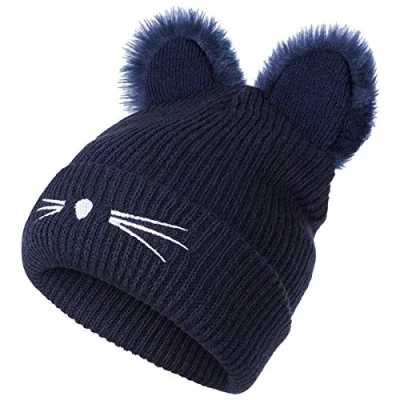 Image of XRDSS Women Girls Cat Ears Beanie Hat Winter Warm Knitted Ski (Navy Blue)