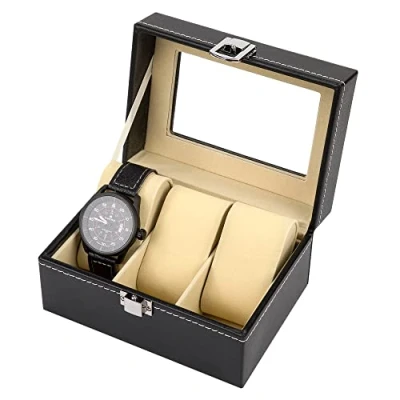 Image of Watch Box 3 Slots Case PU Leather Display Storage with Glass Lid Jewelry Collection Organizer Holder for Men Women