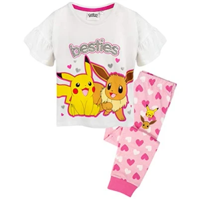 Image of Pokemon Pyjamas For Girls Kids Pikachu &amp; Eevee Frill Sleeve Long OR Short Leg PJs Girl Gamer Merchandise 7 8 Years