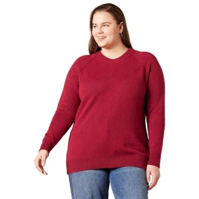 Image of Amazon Essentials Women&#039;s Classic Fit Soft Touch Long Sleeve Crewneck Jumper, Dark Red, XS
