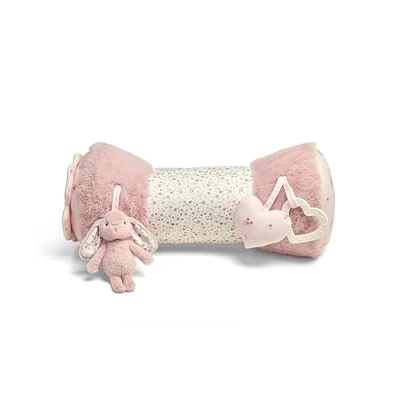 Image of Mamas &amp; Papas Tummy Time Roll, Interactive Soft Baby Pillow with Integrated Rattle, Welcome to The World, Pink
