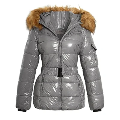 Image of SS7 Womens Wet Look Puffer Coat with Faux Fur (10, Grey)