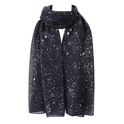 Image of London Scarfs Silver Gold Glitters Shimmer Foil Stars Women Scarf Shawl Wrap (Silver Sparkle Navy Blue)