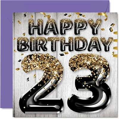 Image of 23rd Birthday Card for Men Black &amp; Gold Glitter Balloons Happy Cards 23 Year Old Man Son Brother Uncle Cousin, 145mm x Twenty Three Third Greeting Gift