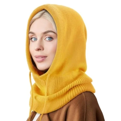 Image of DRESHOW Winter Hats for Women Balaclava Knit Beanie Skull Cap with Drawstring Warm Hooded Scarf Hat