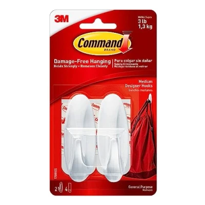 Image of Command Medium Designer Hook, Pack of 2 Hooks and 4 Adhesive Strips, White Damage Free Hanging Holds up to 1.3kg