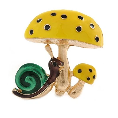 Image of Avalaya Funky Yellow Mushrooms with Brown/Green Snail Brooch in Gold Tone Metal 40mm Tall