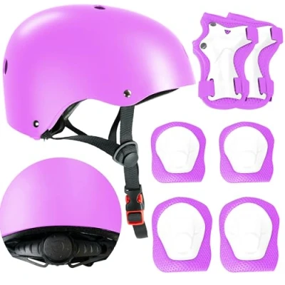 Image of Kids Bike Helmet with Knee &amp; Elbow Pads Set Multi Sport for Ages 3 12 Toddler, Boys Girls Protective Gear Cycling, Skating, Scooter Adjustable Design Purple