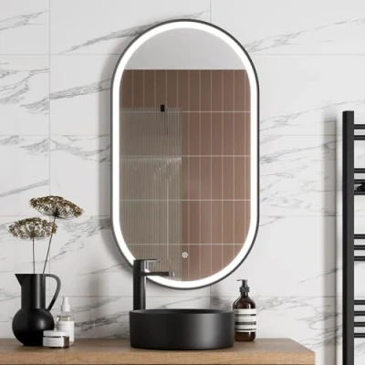 Image of BAYSTONE® 550 x 1000mm Capsule LED Illuminated Bathroom Mirror with Lights Wall Mounted Mirrors for Bathrooms Mains Powered Matt Black Touch Sensor Demister